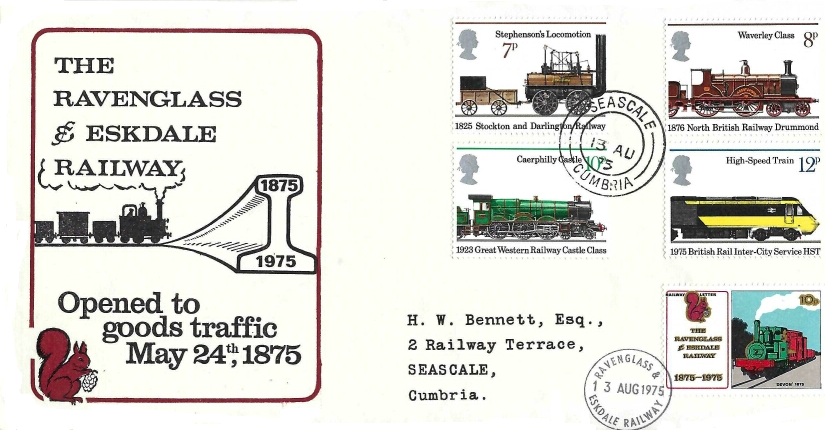 1975 Stockton & Darlington Railway, Ravenglass & Eskdale Railway FDC, Seascale Cumbria cds